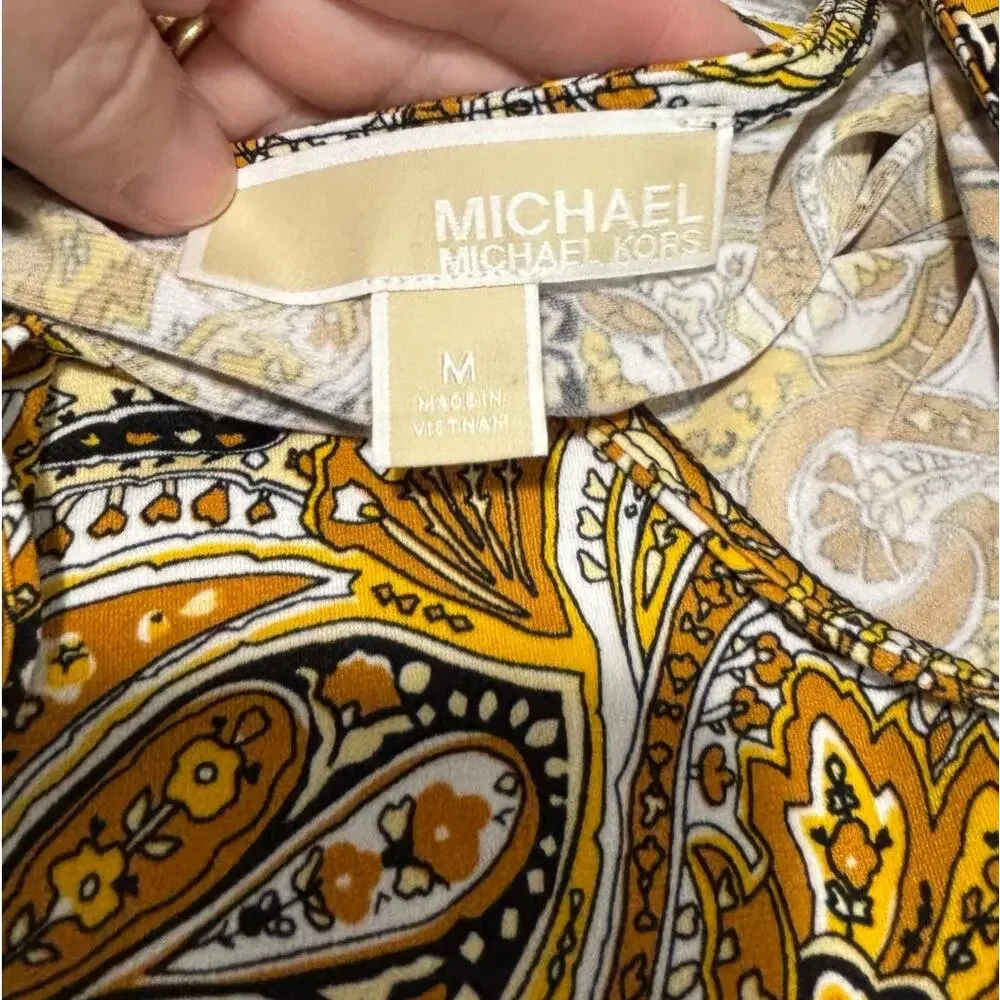 Michael Kors upscale Boho tunic top size M golden yellow paisley print popover